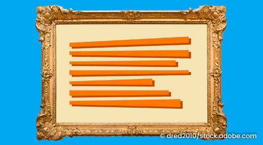 An artistic picture frame with redacted type strips in the canvas.