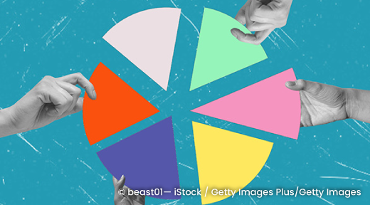 A 6 piece pie chart show hands holding them.