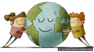 Graphic of two people leaning on each side of the earth.