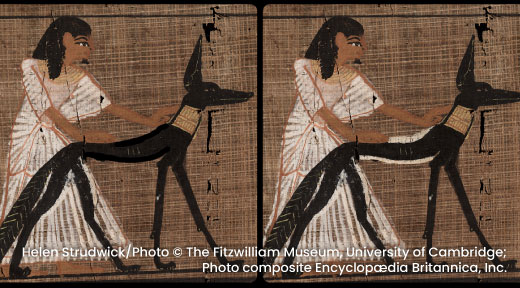Egyptian drawing shown side by side with and without an example of a mistake fixed.