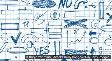 Hand-drawn symbols such as flowchart branches, arrows, circles, and more.