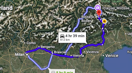 Google map showing route to Milan.