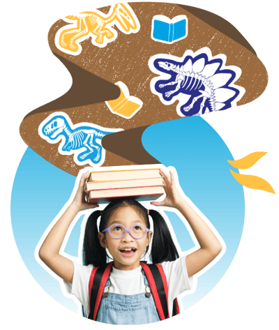 A girl with books stacked on her head and a graphic of dinosaurs and books hidden in the earth flowing from the books..