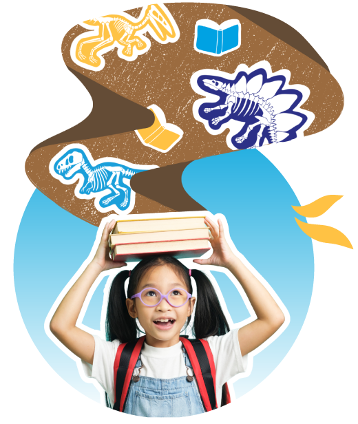 A girl with books stacked on her head and a graphic of dinosaurs and books hidden in the earth flowing from the books..