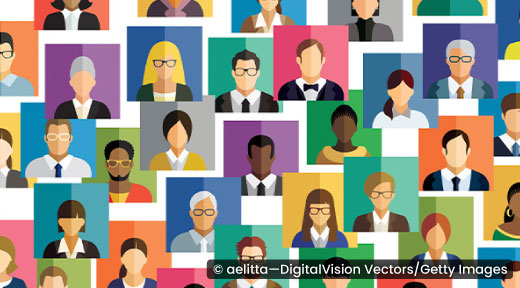 Collage of illustrated portraits of all types of people.