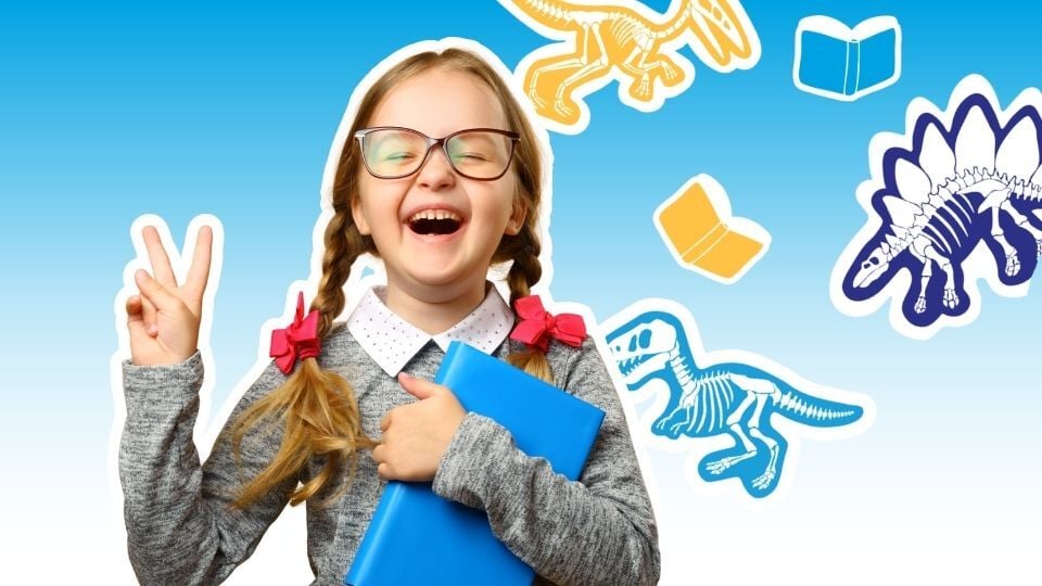 Young student smiling with book in hand and graphics of fossils and books in the background.
