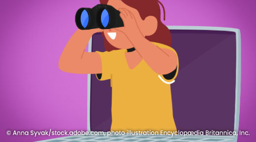 Graphic of a girl coming out of a laptop screen and she's using binoculars.