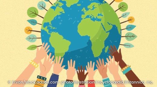 Graphic of hands reaching up the earth with trees showing around the outside of the upper half.