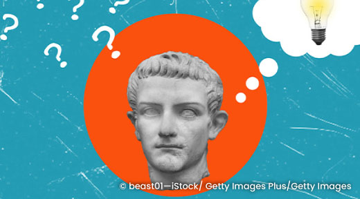 A graphic with head of a stone statue with question marks and a idea thought bubble floating above.