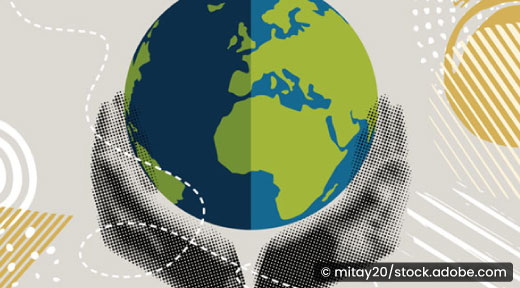 Graphic of hands holding earth with textures, lines, and dots.