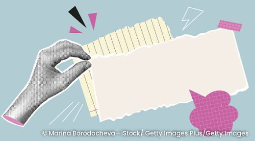 Graphic of a hand holding a piece of paper with other accent shapes.