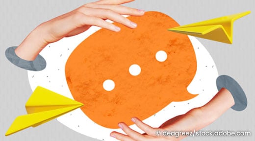 Graphic of hands around a conversation bubble and some paper airplanes.