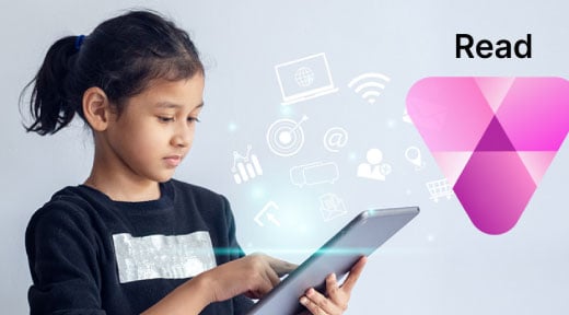 Young student using a tablet with a Read icon in the corner.