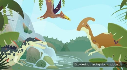 Illustration of dinosaurs in a jungle like setting.