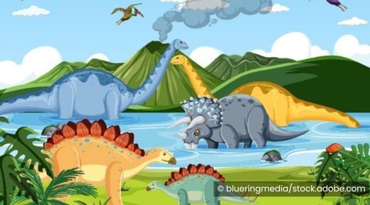Illustration of dinosaurs roaming around a lake in front of a volcano.