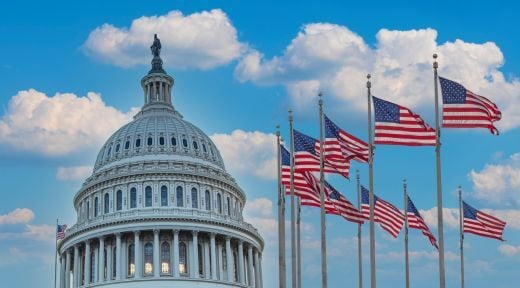 the united states capitol building with american flags in front